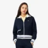 Dam-Sweatshirt med dragkedja och randiga detaljer Dam-Sweatshirt med dragkedja och randiga detaljer