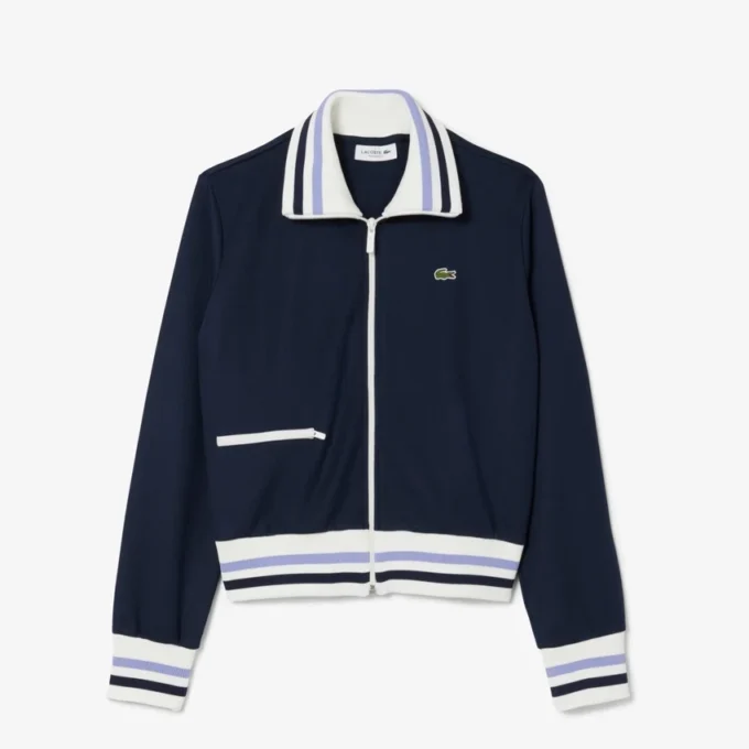 Dam-Sweatshirt med dragkedja och randiga detaljer Dam-Sweatshirt med dragkedja och randiga detaljer