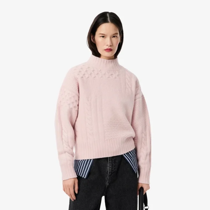 Damtröja i ull med patchwork-effekt och hög hals