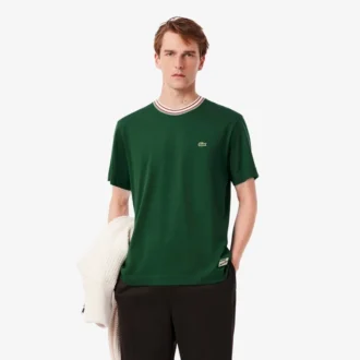 Herr-T-shirt med randig hals, tillverkad i Frankrike