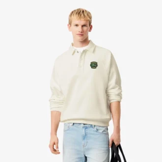 Herrsweatshirt i fleece med polokrage och lös passform