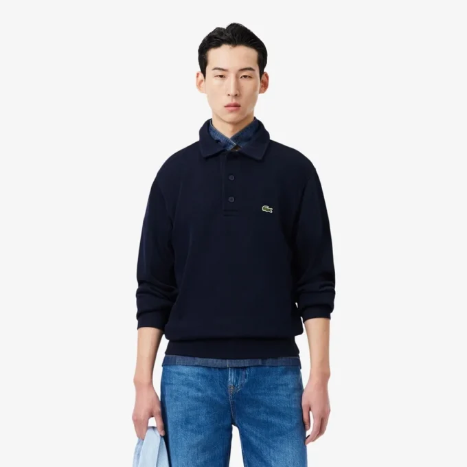 Herrsweatshirt i ribbad bomull med polokrage Herrsweatshirt i ribbad bomull med polokrage