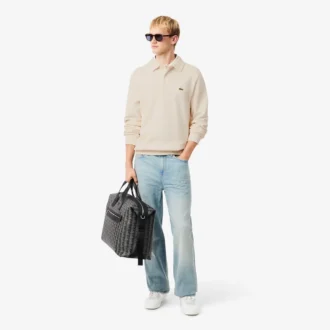 Herrsweatshirt i ribbad bomull med polokrage