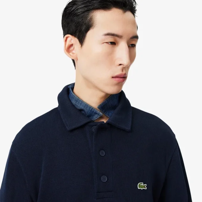 Herrsweatshirt i ribbad bomull med polokrage Herrsweatshirt i ribbad bomull med polokrage