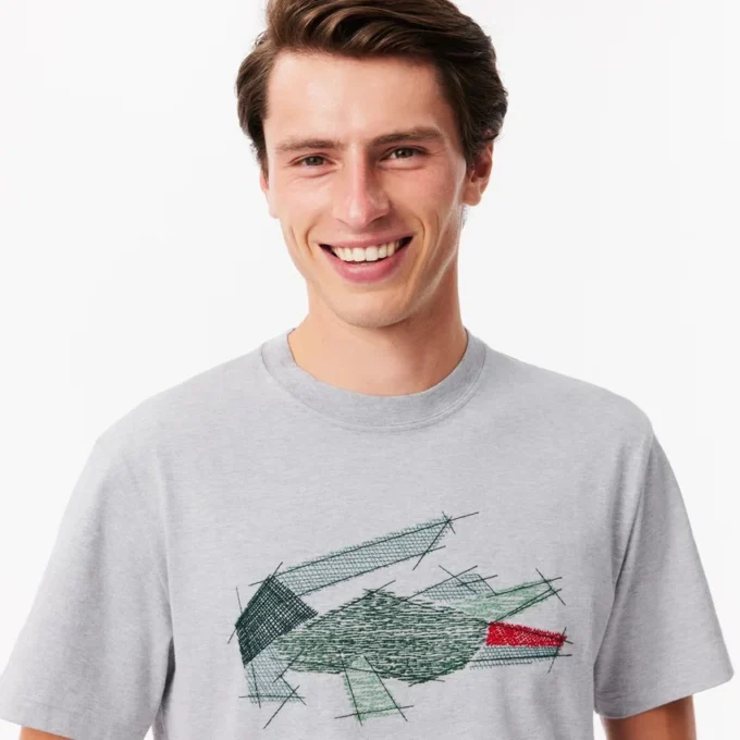 Lätt T-shirt i piqué med krokodilmotiv för herr