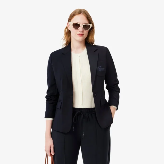 Slim fit-blazer i ull med broderat logo för dam Slim fit-blazer i ull med broderat logo för dam