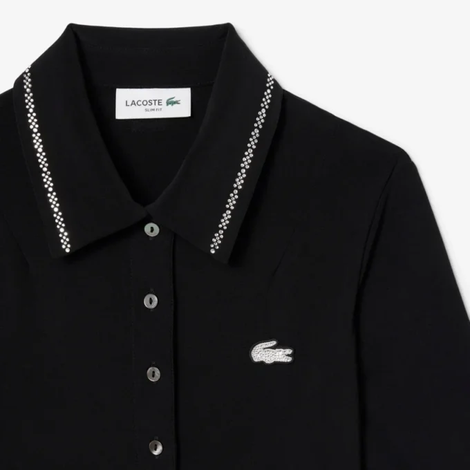 Slim fit-pikétröja med diamantmönster och krokodilkrage för dam Slim fit-pikétröja med diamantmönster och krokodilkrage för dam