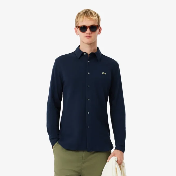 Slim fit-skjorta i bomullspiqué för herr