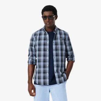 Slim fit-skjorta i stretchpoplin med rutmönster