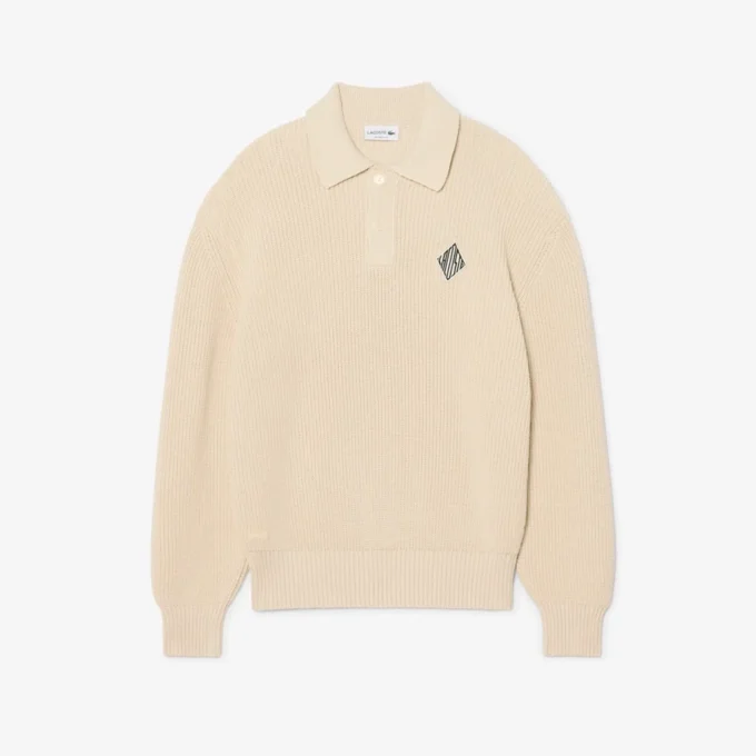 Tröja med polokrage i pärlribb och badge-detalj Tröja med polokrage i pärlribb och badge-detalj